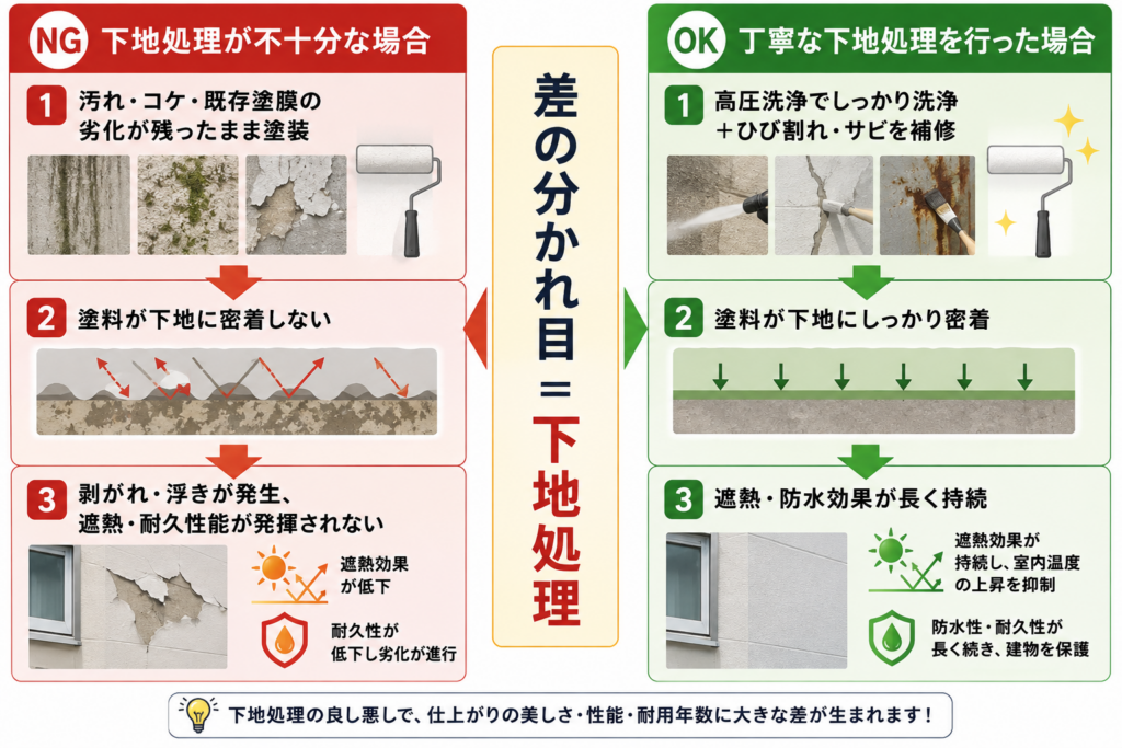 下地処理が十分な場合と不十分な場合の比較